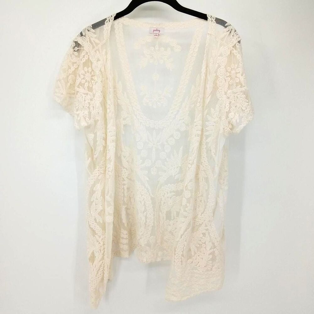 Pixley Floral Lace Mesh Cardigan Ivory Boho Fairycore Sheer Open Front M